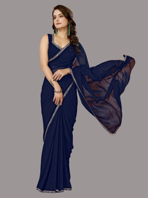 ISHA TRADE Solid/Plain Daily Wear Georgette Saree(Blue)