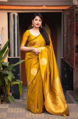 arlima Applique, Floral Print, Blocked Printed, Striped, Embellished, Solid/Plain, Woven Kanjivaram Silk Blend Saree(Yellow)