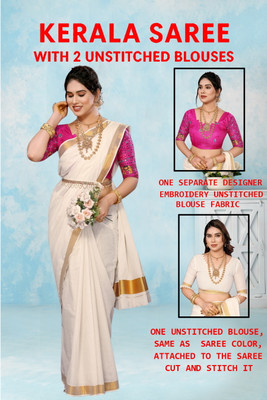 Gugaliya Embellished Kasavu Pure Cotton Saree(Multicolor)