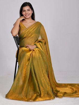 Aamvii Solid/Plain Bollywood Chiffon, Pure Silk Saree(Gold)