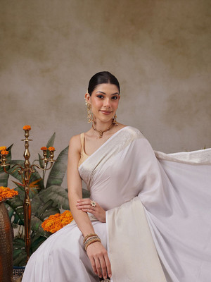SILK ZONE Solid/Plain Kasavu Silk Blend Saree(White)