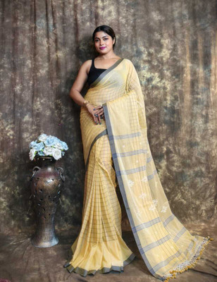Pasum's Checkered, Self Design Ikkat Pure Cotton Saree(Yellow, Grey)