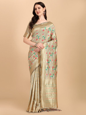 Tasrika Woven Banarasi Art Silk, Silk Blend Saree(Cream)