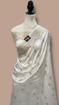 Farhan silk creation Solid/Plain Banarasi Silk Blend Saree(White)