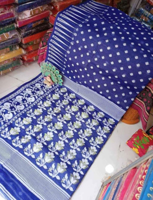 Soma Tant saree Mahal Self Design, Woven, Geometric Print Handloom Cotton Silk Saree(Blue)