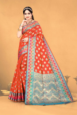 NTC Woven, Self Design Banarasi Silk Blend Saree(Orange)