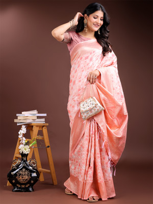 Tasrika Woven Banarasi Cotton Linen Saree(Pink)