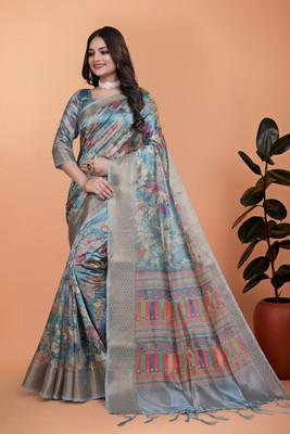 Mirthika Text Printed Daily Wear Silk Blend Saree(Multicolor)