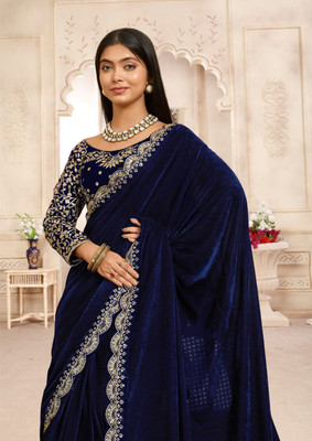 hutah Solid/Plain, Embroidered Bollywood Silk Blend, Velvet Saree(Dark Blue)