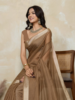 BFM Solid/Plain Bollywood Linen Saree(Brown)