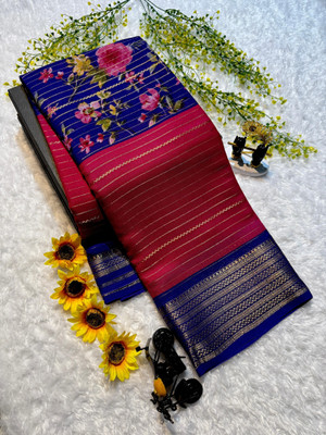 Anuradha Enterprise Striped, Floral Print Mysore Silk Blend Saree(Pink)
