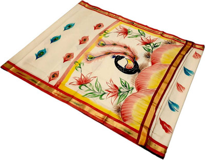 sri amman sarees Hand Painted Kasavu Cotton Blend Saree(White)