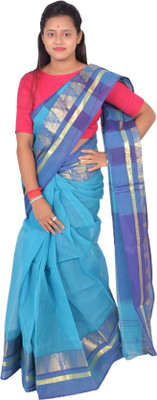 BiswasTextiles Striped Tant Pure Cotton Saree(Blue)