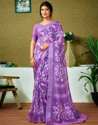 SIRIL Digital Print, Floral Print, Embellished Bollywood Linen Saree(Purple)