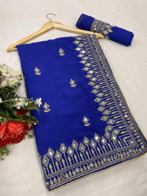 Disha Fashion Embroidered Banarasi Georgette Saree(Light Blue)