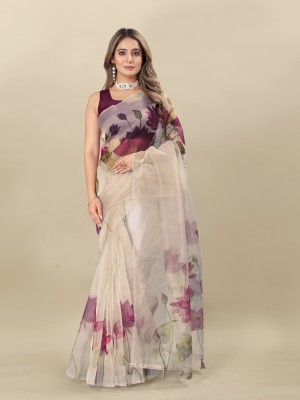 DRAVYA WOMEN Floral Print Bollywood Organza Saree(Purple)