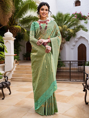 ANOUK Printed Chanderi Linen Saree(Light Green)