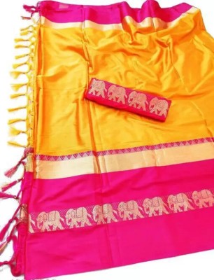 KanjiQueen Woven Kanjivaram Cotton Silk, Silk Blend Saree(Orange, Pink)