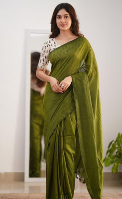 Maku Self Design, Solid/Plain Handloom Pure Cotton Saree(Light Green)