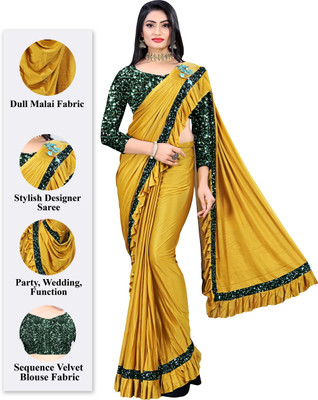 PANETAR Solid/Plain Bollywood Lycra Blend Saree(Yellow)