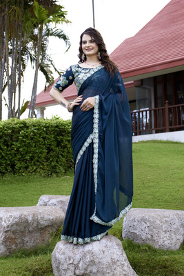 Zenophily Solid/Plain Bollywood Chiffon Saree(Dark Blue)