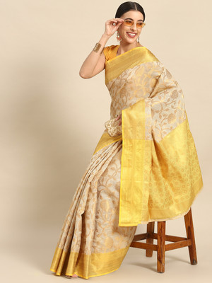 Divastri Floral Print Banarasi Tussar Silk Saree(Yellow)