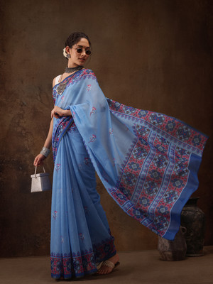 Divastri Digital Print Banarasi Cotton Blend Saree(Light Blue)