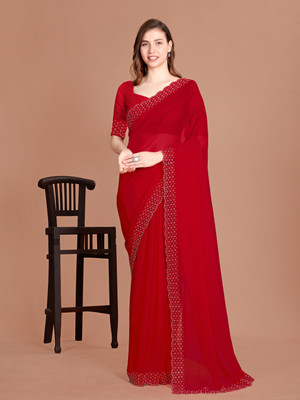 Glamour Hub Applique, Dyed, Embellished Bollywood Georgette Saree(Red)