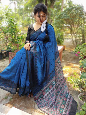 Bhadra Shopping Store Printed Sambalpuri Viscose Rayon, Cotton Blend Saree(Blue)