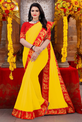 Volmina Solid/Plain Chanderi Cotton Blend Saree(Yellow)