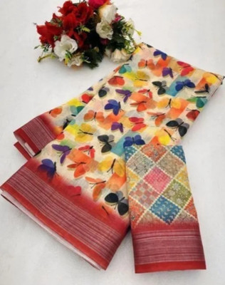 Grubstaker Digital Print Bollywood Linen Saree(Multicolor)