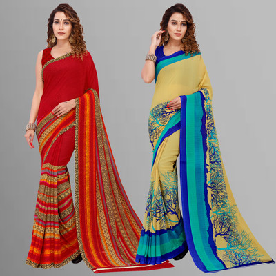 kashvi sarees Paisley, Printed Daily Wear Georgette Saree(Pack of 2, Red, Yellow)