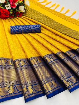 Juhi Collection Checkered Dharmavaram Art Silk, Cotton Silk Saree(Yellow)