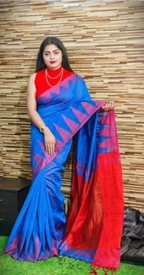 RM CREATION Temple Border Handloom Handloom Cotton Silk Saree(Blue)