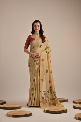 Upalksh Woven, Self Design, Striped, Dyed, Printed Handloom Jacquard, Cotton Silk Saree(Cream)
