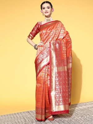 Divastri Floral Print Dharmavaram Silk Blend Saree(Orange)