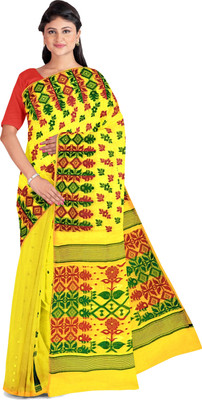 DipDiya Woven Jamdani Cotton Blend Saree(Yellow)