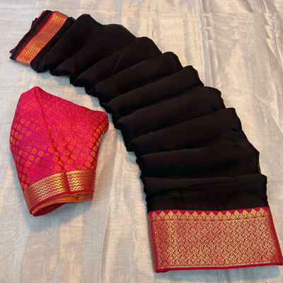 SICHYAH Solid/Plain Bollywood Chiffon Saree(Black)