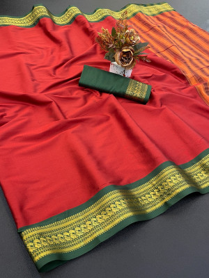 KHODALSAREEFEB Solid/Plain, Self Design, Woven Banarasi Cotton Silk Saree(Green)