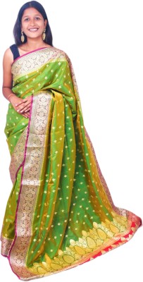 Ansari Fabrics Printed Kanjivaram Satin Saree(Light Green)