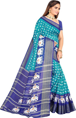 Saadhvi Printed Banarasi Cotton Blend Saree(Light Blue)