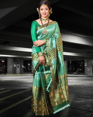 ROSEVILLA Applique Mekhela Chador Silk Blend Saree(Green)