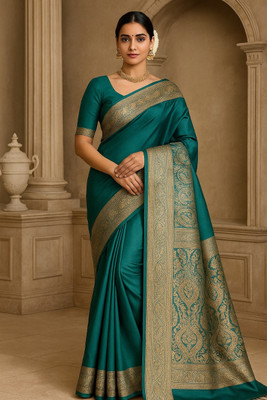 KASHIRATNAM Woven Banarasi Mulmul Saree(Green)