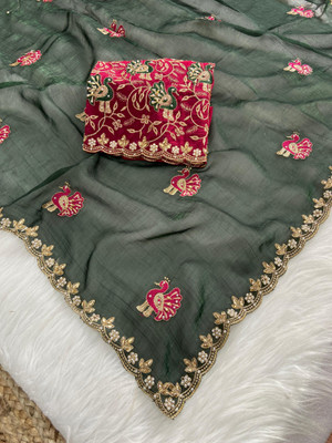 bhavika silk mills Embroidered Bollywood Georgette Saree(Dark Green)