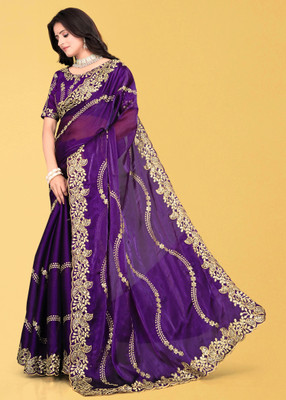 Mortile Designer Studio Embroidered Banarasi Georgette Saree(Purple)