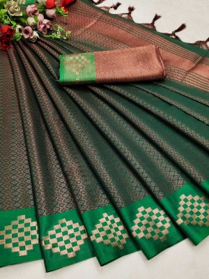 Ruhabs Woven Kanjivaram Silk Blend Saree(Dark Green)