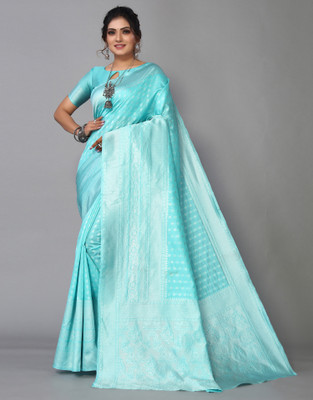 Samah Woven, Embellished Kanjivaram Silk Blend, Jacquard Saree(Blue, Silver)
