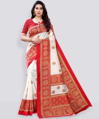 SIRIL Floral Print, Geometric Print Kanjivaram Silk Blend Saree(Red, White)