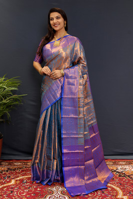 yourwish Self Design Banarasi Cotton Silk, Jacquard Saree(Blue)