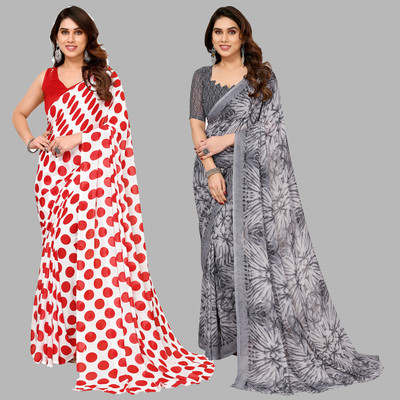 Anand Sarees Printed Daily Wear Georgette Saree(Pack of 2, Grey, White, Red)